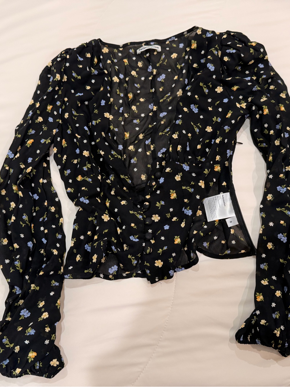Reformation Black Sheer Floral Long-Sleeve Top